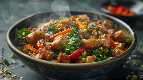 Stir-fried kale vegetable with crispy pork Add fried garlicFaint smoke