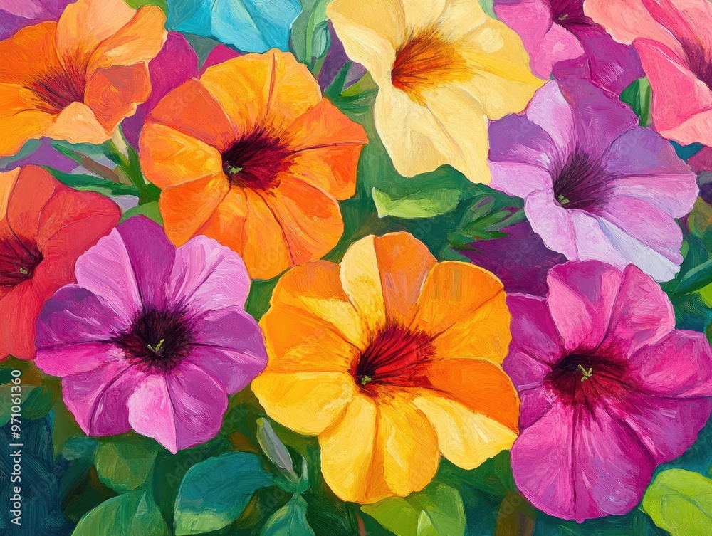 Close up oil painting of Petunia Duo Double featuring vibrant blooms in a garden setting Close up oil painting of Petunia Duo Double featuring vibrant blooms in a garden setting