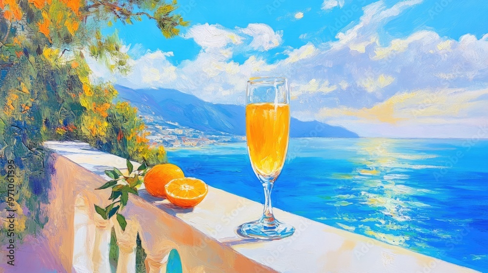 Obraz premium Oil painting depicting a glass of orange juice on a balcony with a scenic natural backdrop