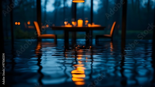 Flooded dining room interior, waterlogged furniture and floating debris, dim light filtering through the window, moody and atmospheric, photorealistic style photo