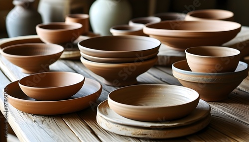 Rustic earthenware bowls and plates displaying diverse sizes and textures, arranged on a wooden table, radiating warmth and earthy charm. photo