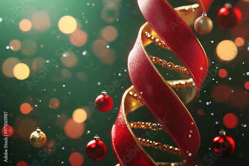 A detailed festive illustration of a DNA double helix adorned with Christmas ornaments and decorations, blending science with holiday themes, perfect for unique seasonal designs