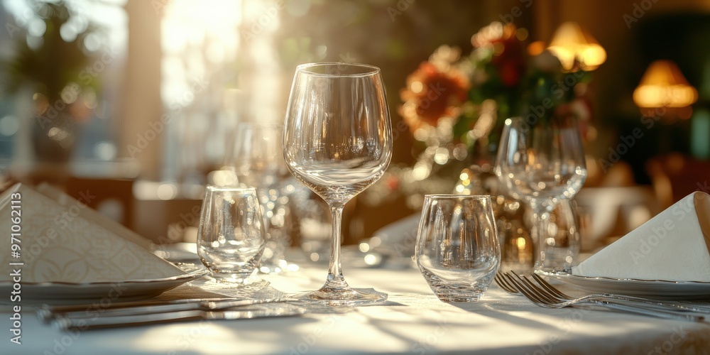 A beautifully set table in an elegant restaurant with crystal-clear wine glasses, soft ambient lighting, and a luxurious atmosphere, perfect for showcasing fine dining, hospitality, or event-related d A beautifully set table in an elegant restaurant with crystal-clear wine glasses, soft ambient lighting, and a luxurious atmosphere, perfect for showcasing fine dining, hospitality, or event-related d