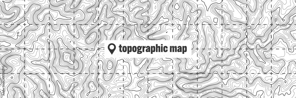 Topographic map with contour lines. Geographic terrain grid, relief height elevation. Ground path pattern. Travel and navigation, cartography design element. Vector illustration Topographic map with contour lines. Geographic terrain grid, relief height elevation. Ground path pattern. Travel and navigation, cartography design element. Vector illustration