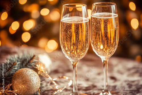 Two Glasses of Champagne in a Festive Christmas Setting