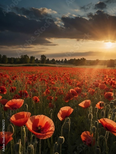 Field of red poppy flowers with a setting sun (second mention). photo