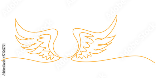 Angel wings with ring one line art, Continuous one line drawing of angel wings illustration, Heart with wings outline design, One line continuous drawing of a wing. Single outline modern design