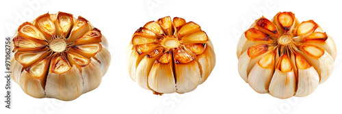 set of roasted garlic bulb cut in half golden-brown caramelization and cloves, isolated on a transparent background photo