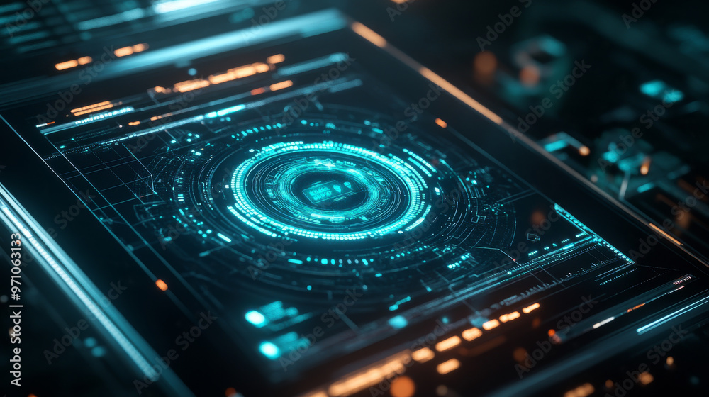 A 3D image shows a futuristic antivirus program running on a sleek, modern device against a dark background. A 3D image shows a futuristic antivirus program running on a sleek, modern device against a dark background.