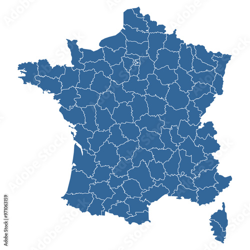 Vector outline map of France divided into regions and departments