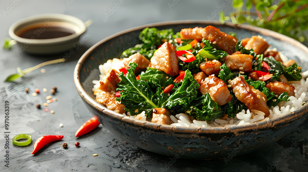 Stir-fried kale vegetable with crispy pork Add fried garlicFaint smoke