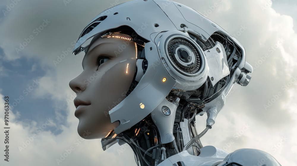 A 3D image shows a robot woman with a cyborg face. This represents the idea of artificial intelligence. A 3D image shows a robot woman with a cyborg face. This represents the idea of artificial intelligence.