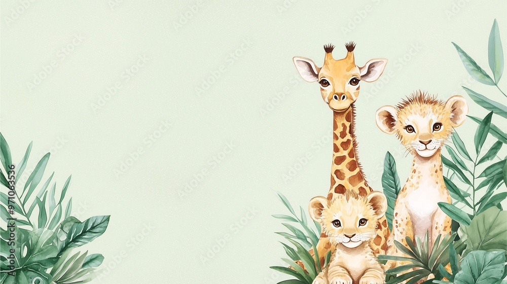 Wildlife Watercolor Art: Giraffe and baby lions in a lush green jungle setting. Wildlife Watercolor Art: Giraffe and baby lions in a lush green jungle setting.