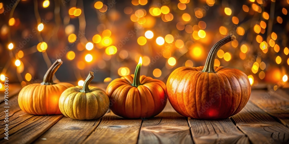 Vibrant pumpkins on wooden floor with blurred lights in background, Pumpkins, Vibrant, Wooden floor, Blurred lights Vibrant pumpkins on wooden floor with blurred lights in background, Pumpkins, Vibrant, Wooden floor, Blurred lights