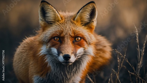 Fox with striking orange eyes.