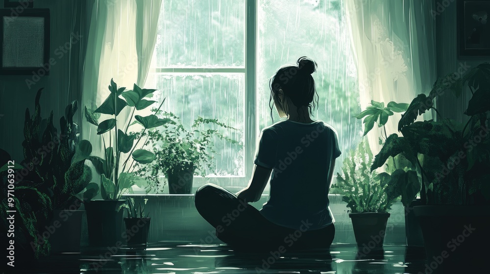 A peaceful scene of a woman sitting by a window, surrounded by plants, as rain softly falls outside, creating a serene atmosphere. A peaceful scene of a woman sitting by a window, surrounded by plants, as rain softly falls outside, creating a serene atmosphere.