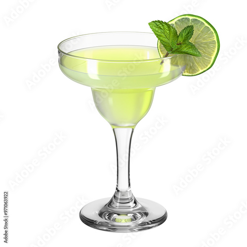 Margarita cocktail glass on transparent isolated background. Beverage with lime and mint. Bar theme. Alcoholic drink. 3d rendering. photo