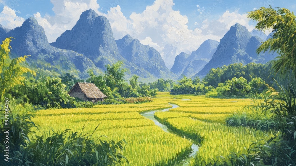 Fototapeta premium Oil painting depicting a vibrant rural landscape featuring lush rice fields and majestic mountains showcasing the beauty of nature and tranquility
