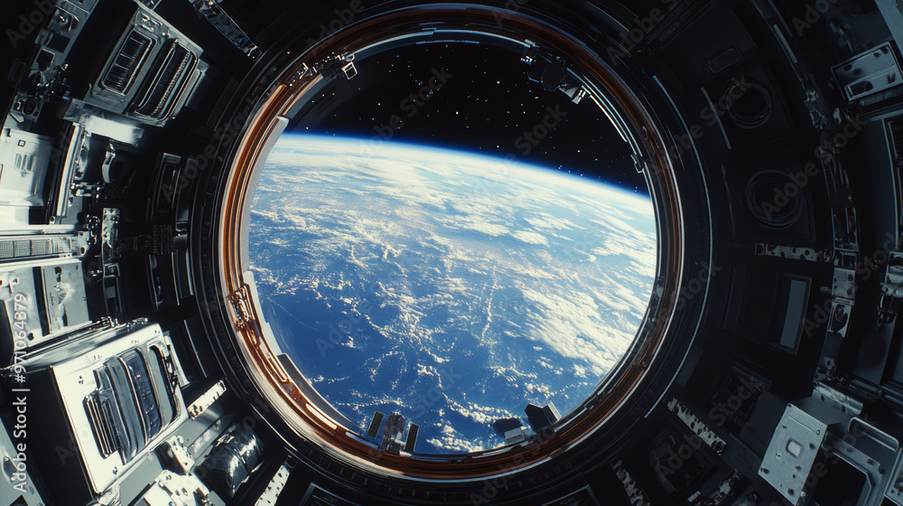 A 3D picture shows what you'd see looking out of a space station window, with a white background beyond. A 3D picture shows what you'd see looking out of a space station window, with a white background beyond.
