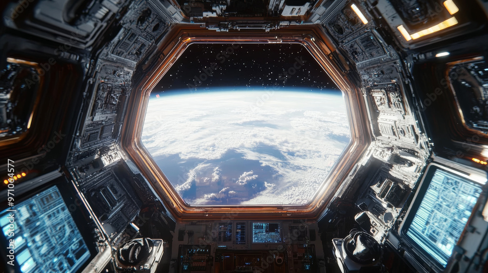A 3D picture shows what you'd see looking out of a space station window, with a white background beyond. A 3D picture shows what you'd see looking out of a space station window, with a white background beyond.