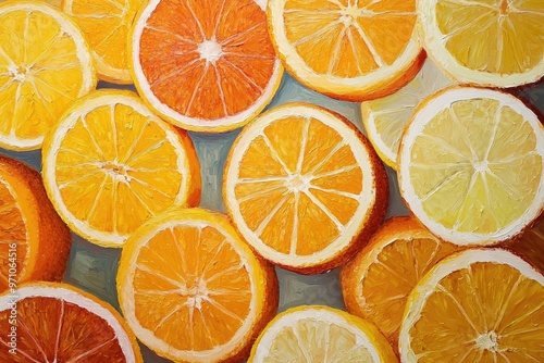 Oil painting showcasing oranges citrus fruits and vitamin C with a macro perspective on sliced citrus products