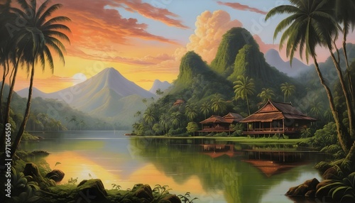 It is a mystical village in Malaysia with beautiful lakes and Sunset over the mountain. photo