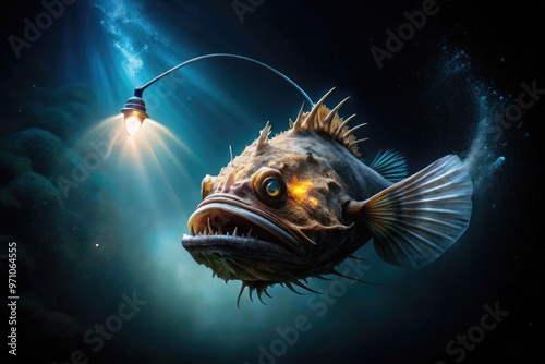 Illuminated anglerfish swims through dark, mysterious abyss, its bioluminescent lure on top of its head glowing softly, casting an ethereal glow on surrounding water. photo