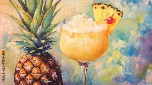 Oil painting depicting a frozen pina colada against a pineapple backdrop featuring a refreshing tropical cocktail photo