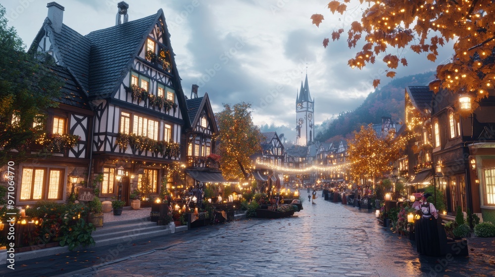 Naklejka premium Quaint European village at dusk with Halloween decorations