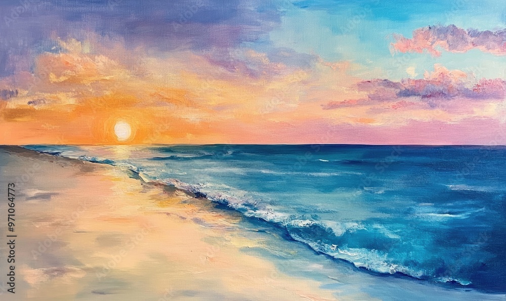Oil painting depicting a sunset over a serene beach showcasing vibrant colors and tranquil scenery Oil painting depicting a sunset over a serene beach showcasing vibrant colors and tranquil scenery