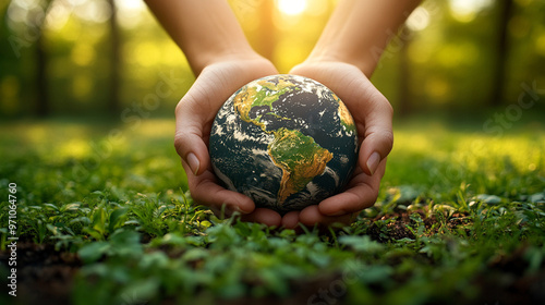 Hand holding globe in green grass. Earth Day environment concept.