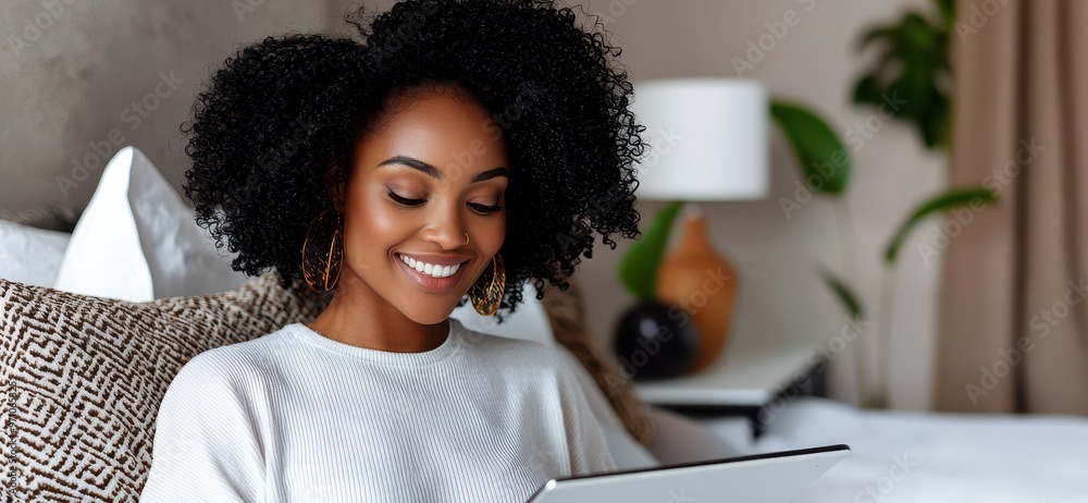A woman smiles while using a laptop at home, surrounded by a cozy interior and warm colors. A woman smiles while using a laptop at home, surrounded by a cozy interior and warm colors.