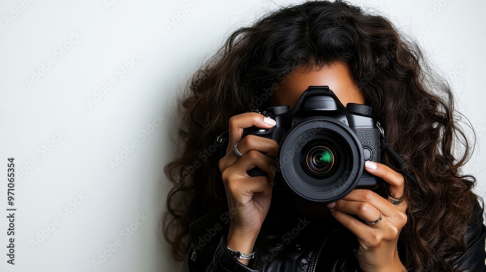 A woman with curly hair holds a camera, ready to capture stunning moments, showcasing passion for photography and creativity. A woman with curly hair holds a camera, ready to capture stunning moments, showcasing passion for photography and creativity.