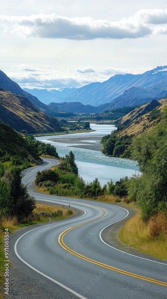 A winding road meanders through lush hills, alongside a serene river, framed by majestic mountains under a bright blue sky. A winding road meanders through lush hills, alongside a serene river, framed by majestic mountains under a bright blue sky.
