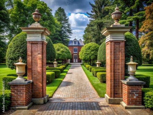 Imposing brick entrance columns with ornate capitals and pedestals flank a stately driveway, creating a sense of grandeur and sophistication in a lush green landscape setting. photo