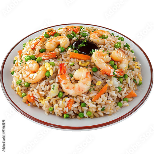 A plate of shrimp fried rice with soy sauce on transparent background