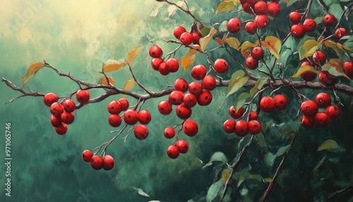 Oil painting showcasing autumn with vibrant red hawthorn berries on branches set against a lush green backdrop highlighting the beauty of seasonal nature photo