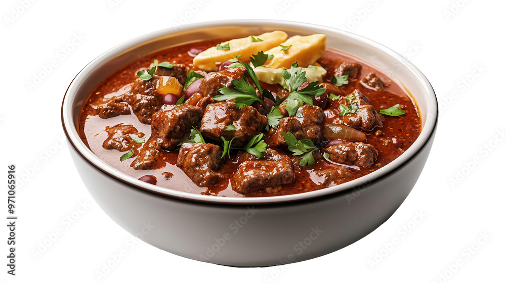 A bowl of hearty beef chili with toppings on transparent background A bowl of hearty beef chili with toppings on transparent background