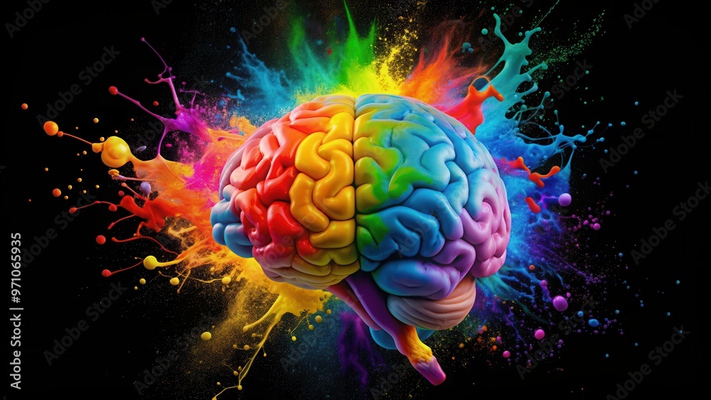 Obraz premium Bright human brain surrounded by colorful splashes on black background, symbolizing joy, creativity, and ideas , joy