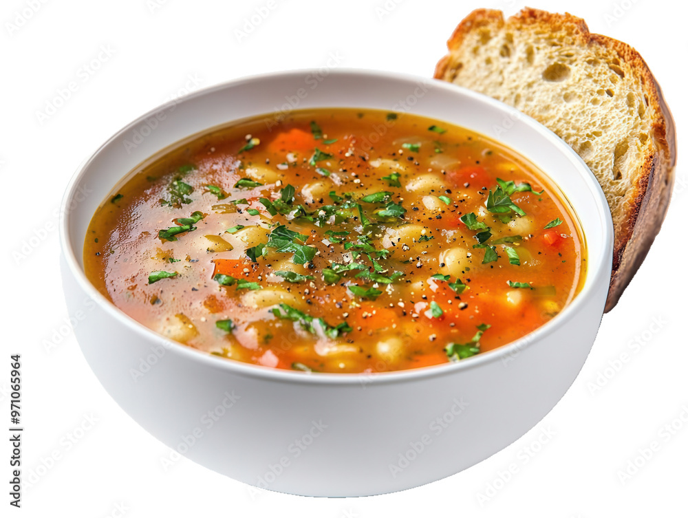 A bowl of hearty minestrone soup with bread on transparent background A bowl of hearty minestrone soup with bread on transparent background