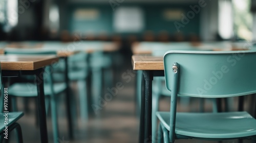 This photograph features the interior of a modern classroom with a focus on green seating and wooden desks, creating a welcoming and structured atmosphere for learning.