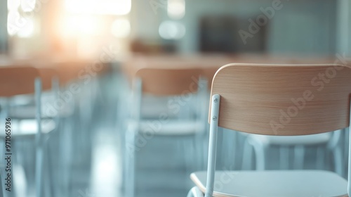 The image captures a sunlit classroom environment with white chairs and wooden desks, evoking a clean, organized space ideal for academic pursuits and reflection.