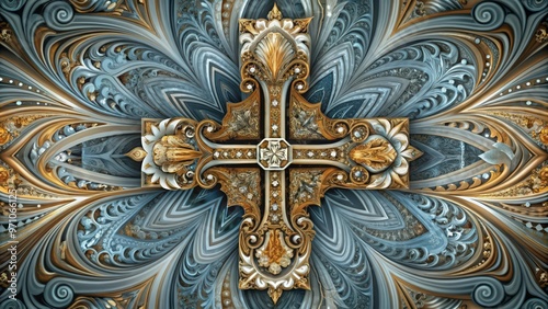 Ornate Golden Cross with Intricate Blue and Gold Floral Design