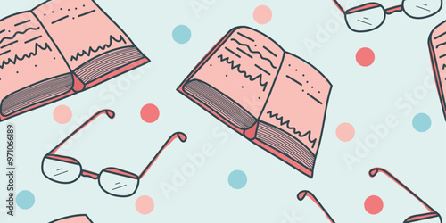 Colorful Doodle seamless School supplies pattern: glasses and textbook with multicolored dots. Editable stroke. Vector hand drawn illustration in red, pink colours on blue background	