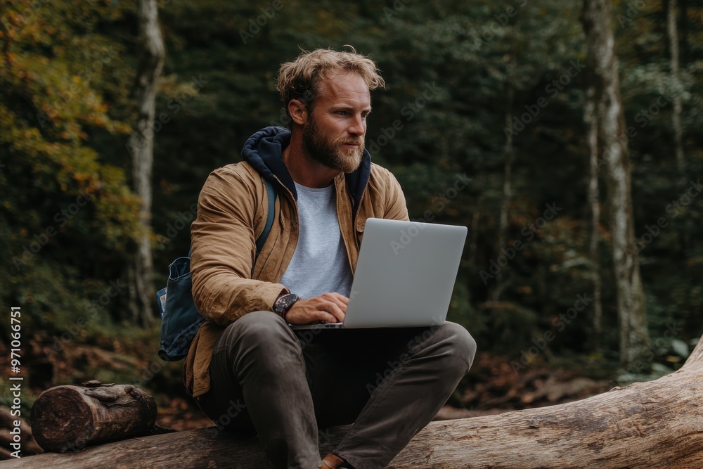 A man with a backpack sits on a log in the woods, focused on his laptop, merging technology with nature in a quiet, contemplative setting amidst dense foliage. A man with a backpack sits on a log in the woods, focused on his laptop, merging technology with nature in a quiet, contemplative setting amidst dense foliage.