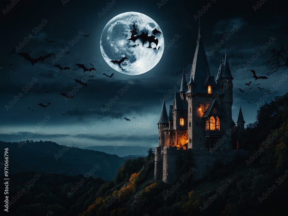Gothic castle on a hill with bats and full moon, Halloween banner. Gothic castle on a hill with bats and full moon, Halloween banner.