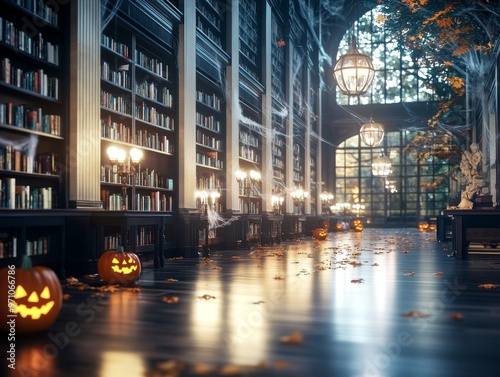 Spooky abandoned library decorated for Halloween glowing lanterns in the windows photo