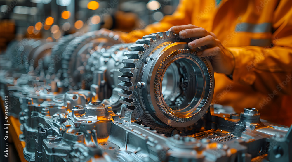 Close-up of a Metal Gear Assembly in a Factory Setting - Industrial Photography Close-up of a Metal Gear Assembly in a Factory Setting - Industrial Photography