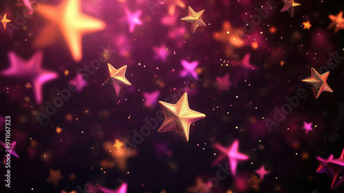 Abstract Space Background Featuring Bright Golden Stars Floating In A Dark Purple And Pink Atmosphere, Perfect For Holiday, Christmas, New Year's Celebrations Or Birthday