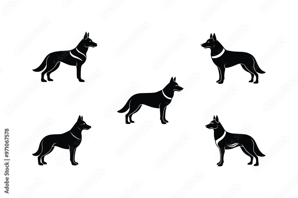 Vector clip art showcasing dogs in different poses, both sitting and standing, created in silhouette style. This clean and minimal design Vector clip art showcasing dogs in different poses, both sitting and standing, created in silhouette style. This clean and minimal design